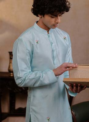Sea green embroidered silk kurta 3