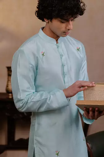Sea green embroidered silk kurta