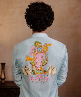 Sea green embroidered silk kurta 4