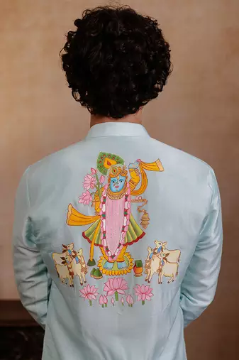 Sea green embroidered silk kurta