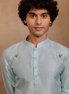 Sea green embroidered silk kurta 5
