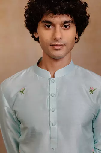 Sea green embroidered silk kurta