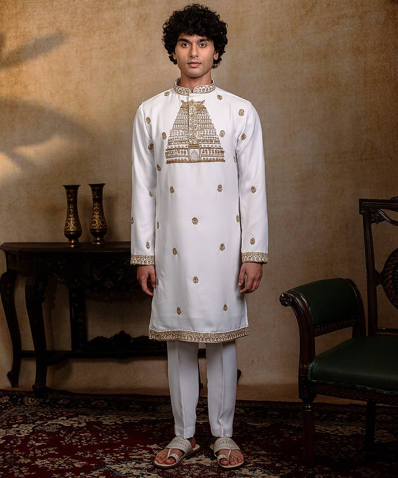 White embroidered silk kurta