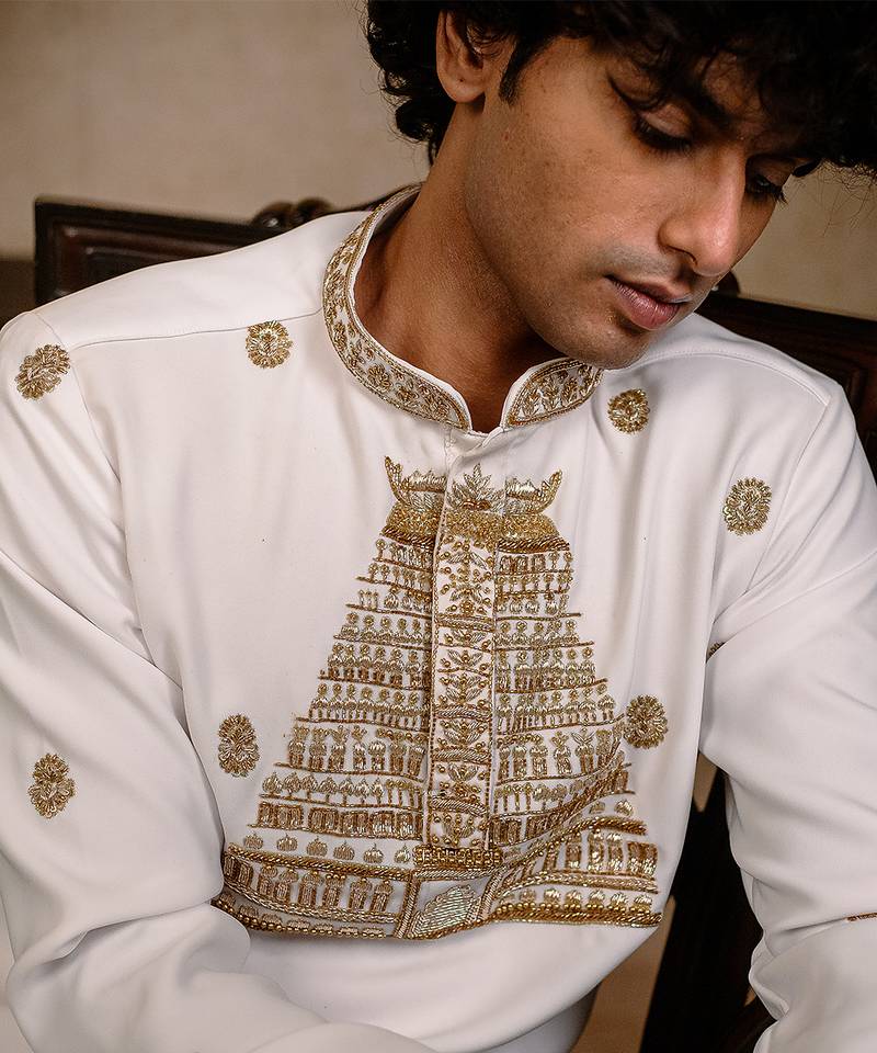 White embroidered silk kurta