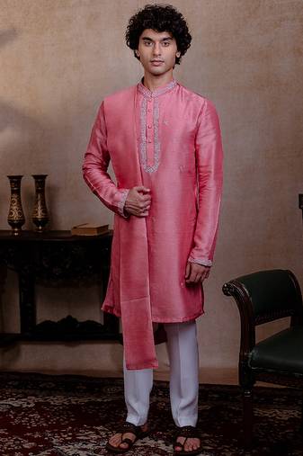 Pink embroidered silk kurta with dupatta
