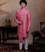 Pink embroidered silk kurta with dupatta