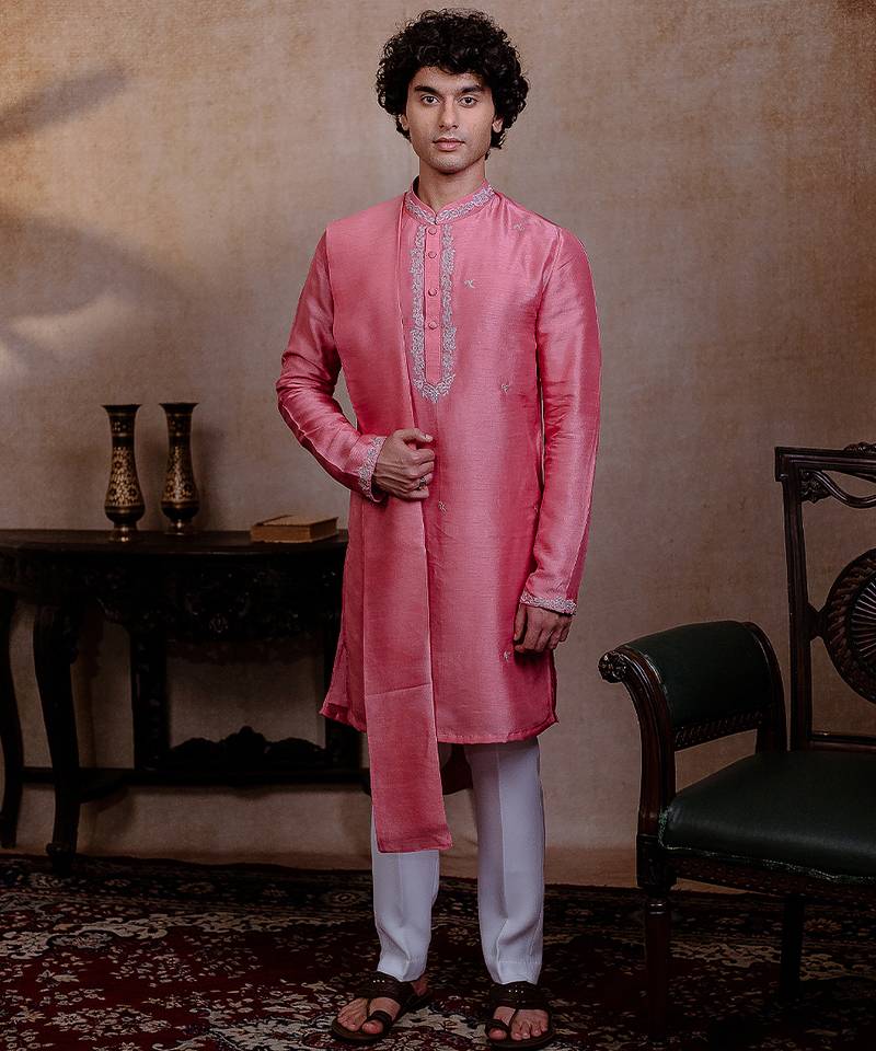 Pink embroidered silk kurta with dupatta