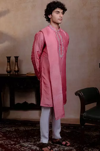 Pink embroidered silk kurta with dupatta