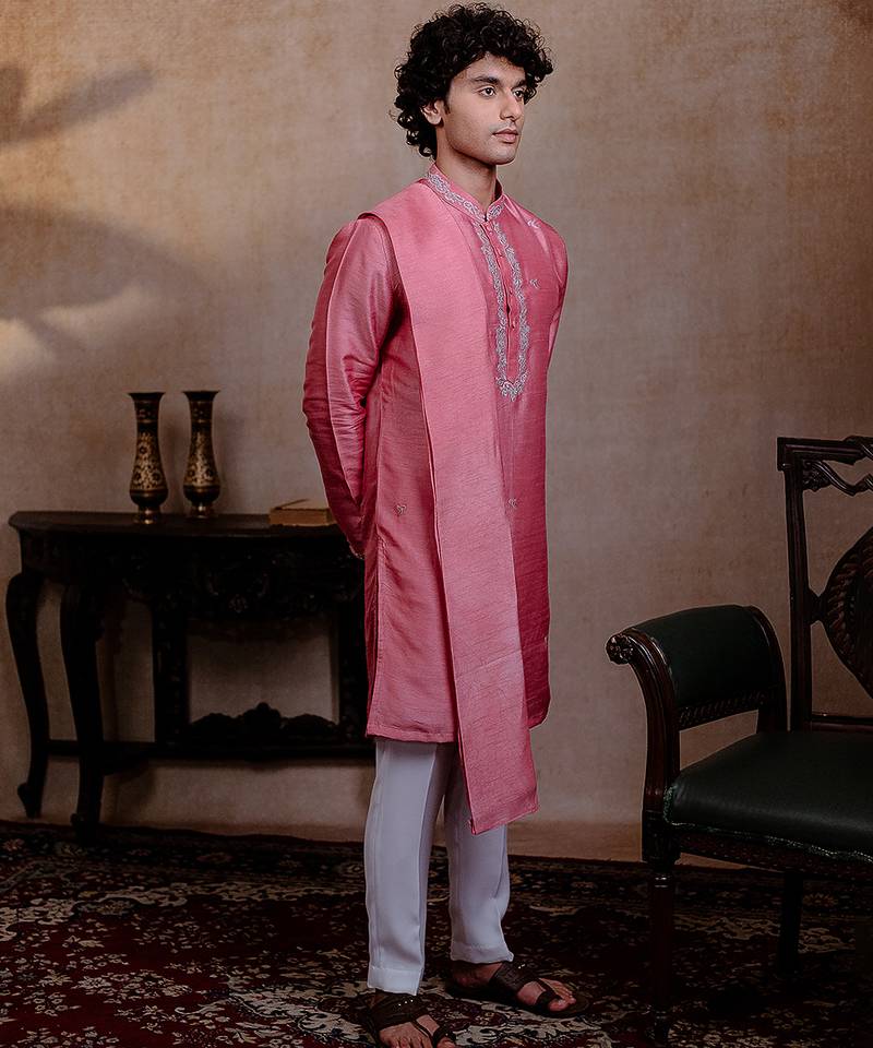 Pink embroidered silk kurta with dupatta
