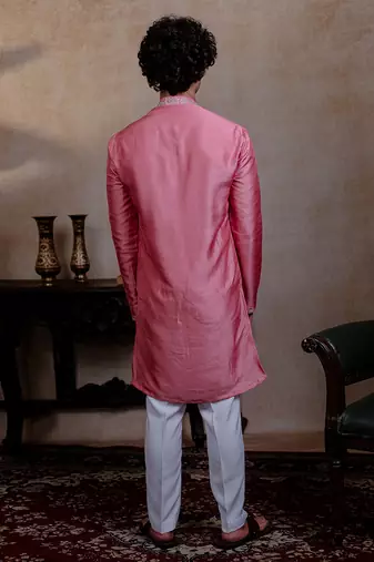 Pink embroidered silk kurta with dupatta