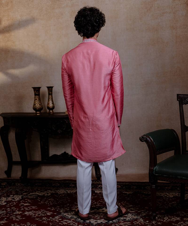 Pink embroidered silk kurta with dupatta