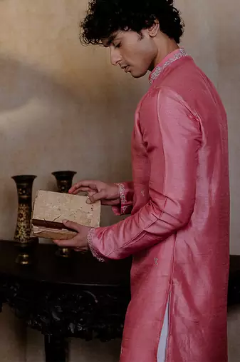 Pink embroidered silk kurta with dupatta