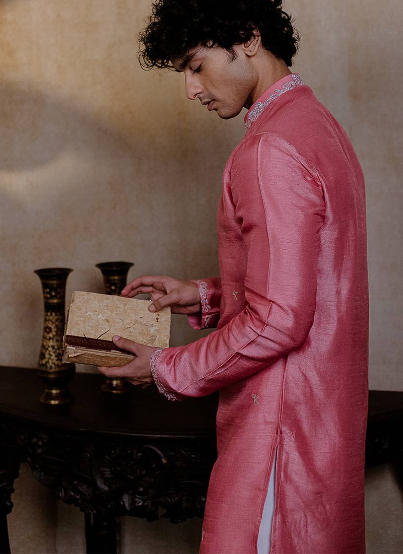 Pink embroidered silk kurta with dupatta