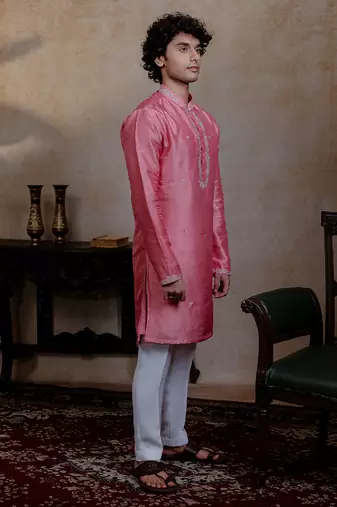 Pink embroidered silk kurta with dupatta