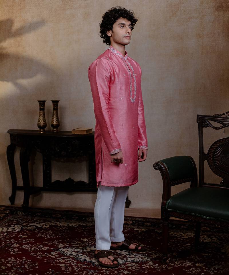 Pink embroidered silk kurta with dupatta