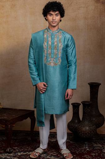 Green embroidered silk kurta with dupatta