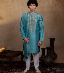 Green embroidered silk kurta with dupatta