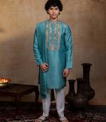 Green embroidered silk kurta with dupatta