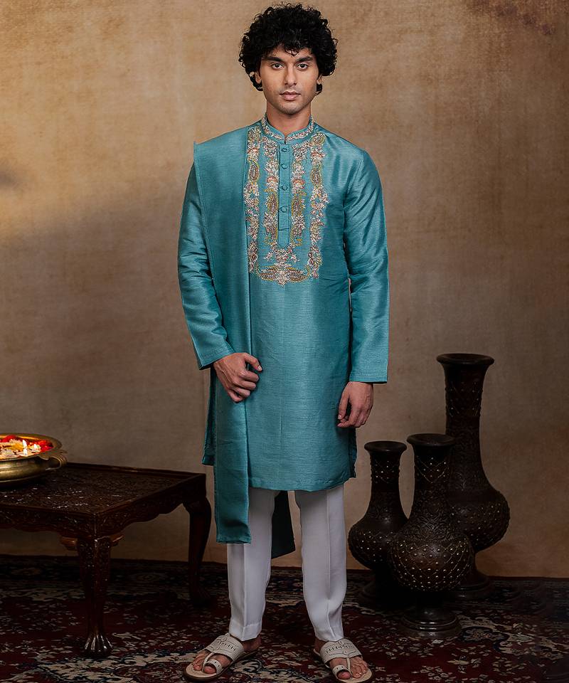 Green embroidered silk kurta with dupatta