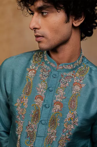 Green embroidered silk kurta with dupatta