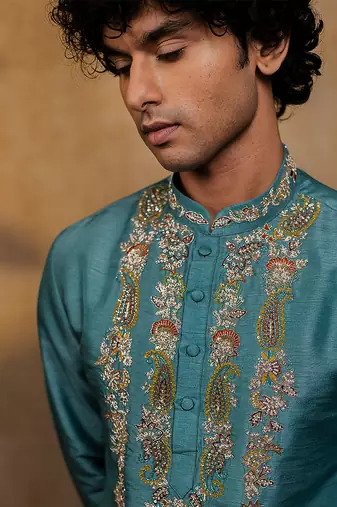 Green embroidered silk kurta with dupatta