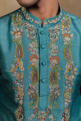 Green embroidered silk kurta with dupatta