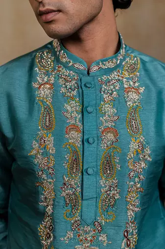 Green embroidered silk kurta with dupatta