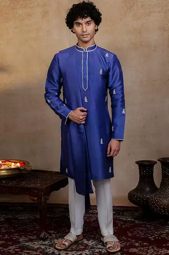 Dark blue embroidered silk kurta with dupatta