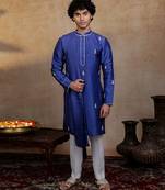 Dark blue embroidered silk kurta with dupatta