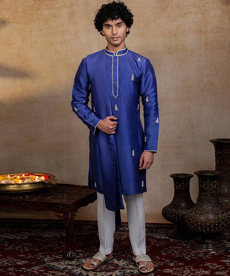 Dark blue embroidered silk kurta with dupatta
