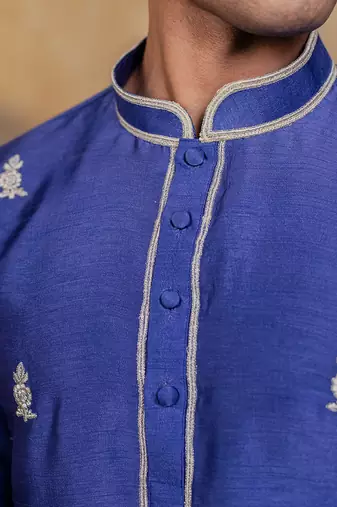 Dark blue embroidered silk kurta with dupatta