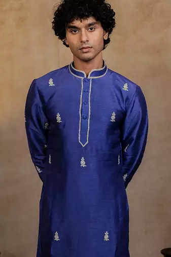 Dark blue embroidered silk kurta with dupatta