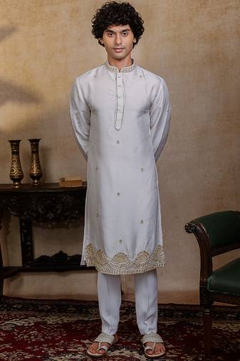 White embroidered silk kurta with dupatta