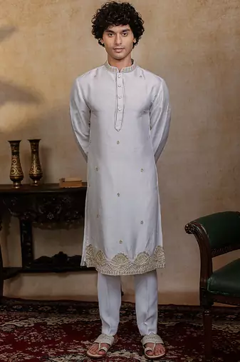 White embroidered silk kurta with dupatta