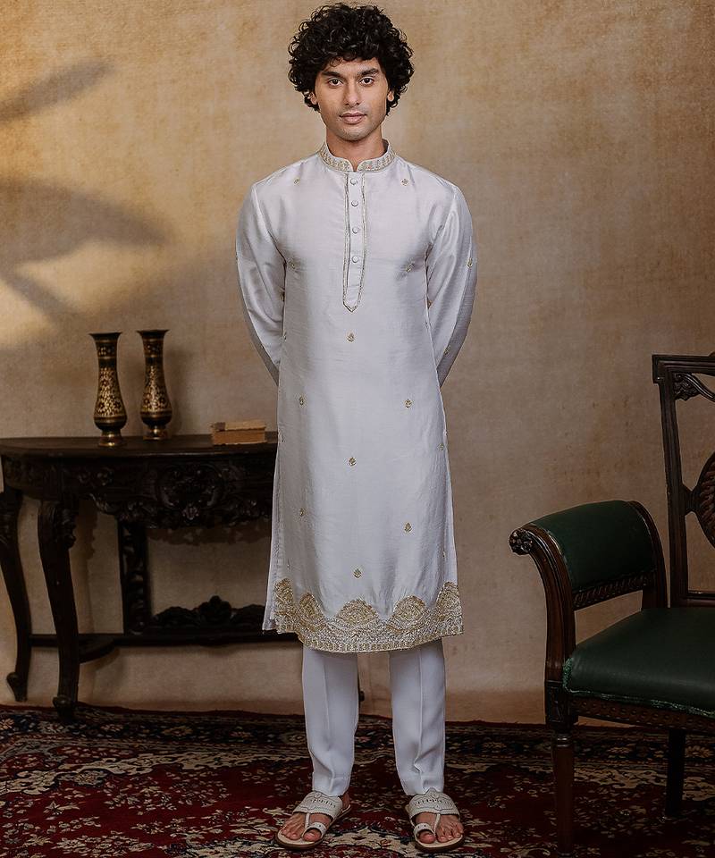 White embroidered silk kurta with dupatta