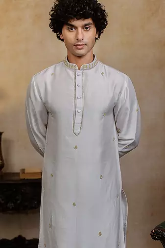 White embroidered silk kurta with dupatta