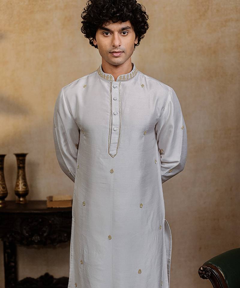 White embroidered silk kurta with dupatta