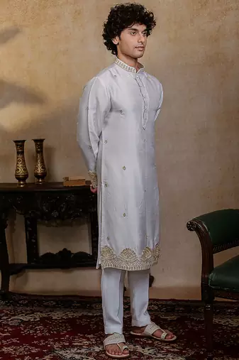 White embroidered silk kurta with dupatta