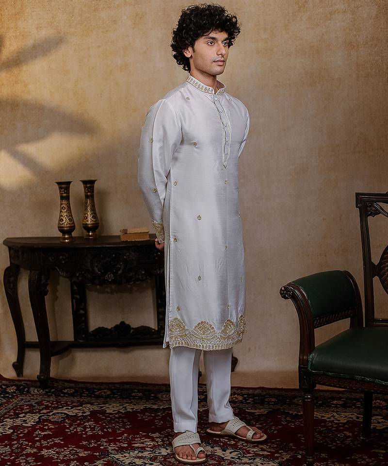 White embroidered silk kurta with dupatta