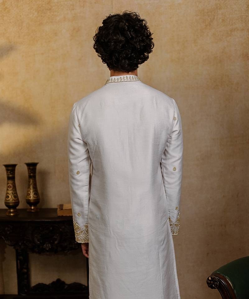 White embroidered silk kurta with dupatta