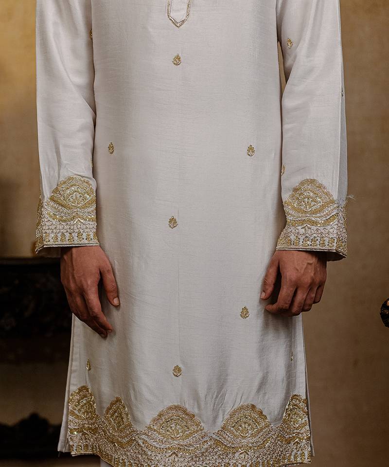 White embroidered silk kurta with dupatta