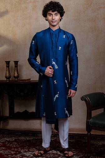 Navy blue embroidered silk kurta with dupatta