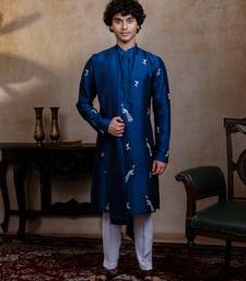 Navy blue embroidered silk kurta with dupatta