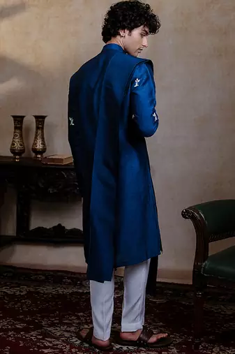 Navy blue embroidered silk kurta with dupatta