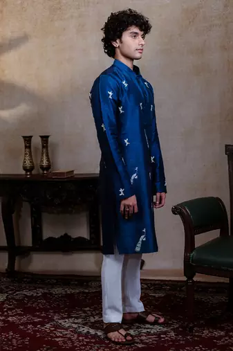 Navy blue embroidered silk kurta with dupatta