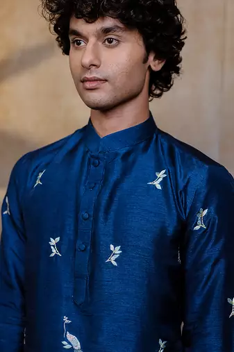 Navy blue embroidered silk kurta with dupatta