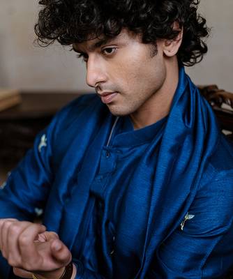 Navy blue embroidered silk kurta with dupatta 5