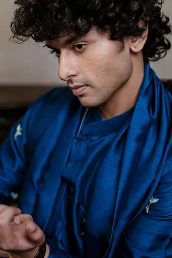 Navy blue embroidered silk kurta with dupatta