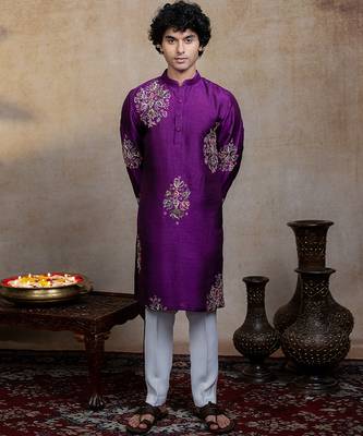 Purple embroidered silk kurta with dupatta 1