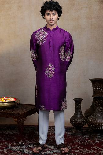 Purple embroidered silk kurta with dupatta
